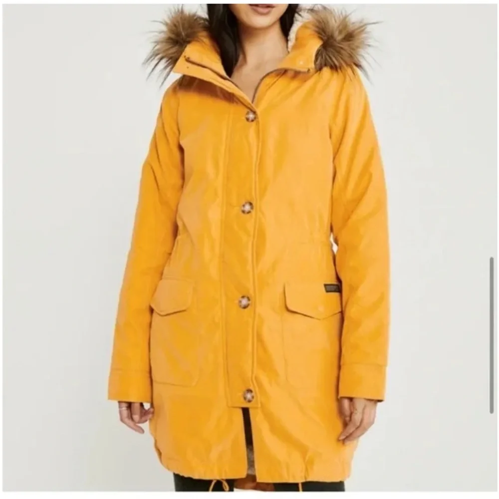 Abercrombie & Fitch Coat Womens Medium Yellow Full Zip Sherpa Lined Parka‎